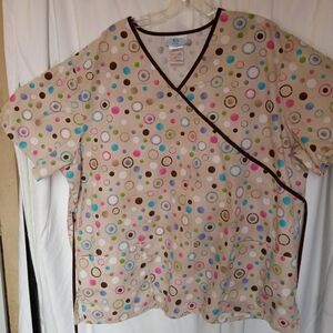 SB Plus Scrub Shirt 2x XXL Neutral Tan Blue Green Pink Polka Dot Top
